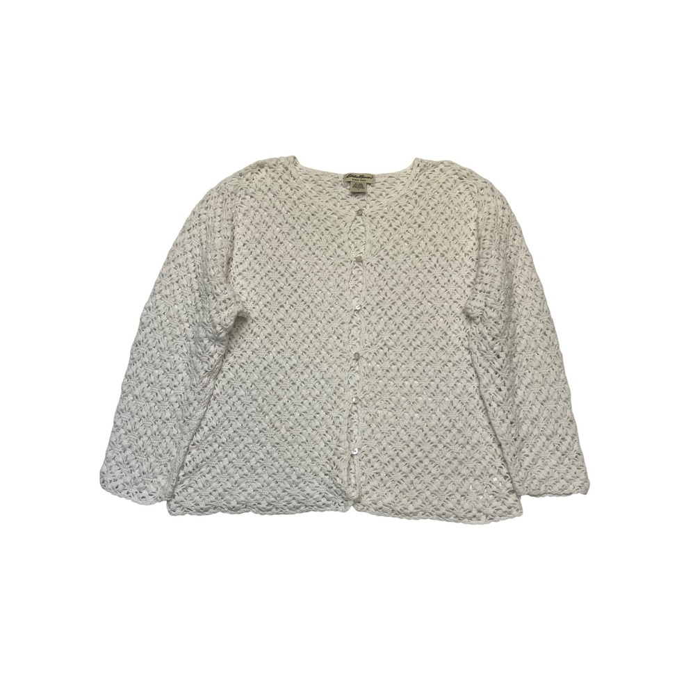 Eddie Bauer White Linen Cotton Open Knit Crochet Cottage Cardigan Sweater Size L